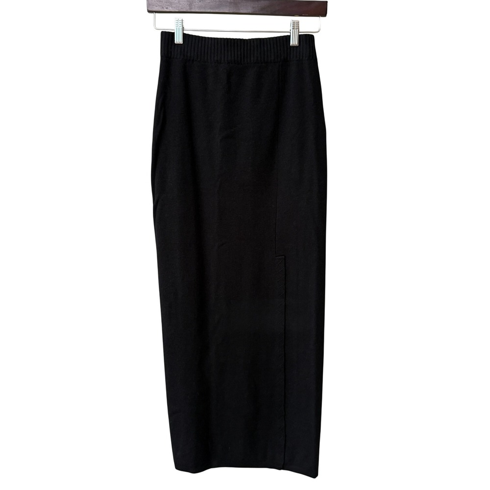 Newport News Women Knit Maxi Skirt Ramie Cotton Size Small Black Slit Minimalist